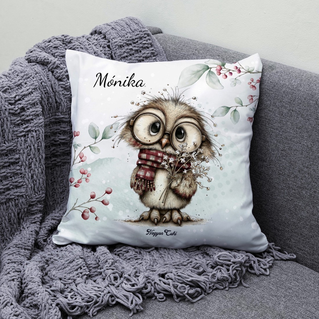 Névvel kérhető - Cuki téli bagoly szemüvegben mintás párna - otthon & életmód - lakástextil - párna & párnahuzat - díszpárna (belsővel együtt) - Meska.hu