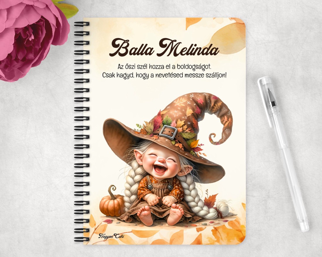 Személyre szabható - Kacagó őszi manó lány mintás A6-os füzet - otthon & életmód - papír, írószer - jegyzetfüzet & napló - Meska.hu