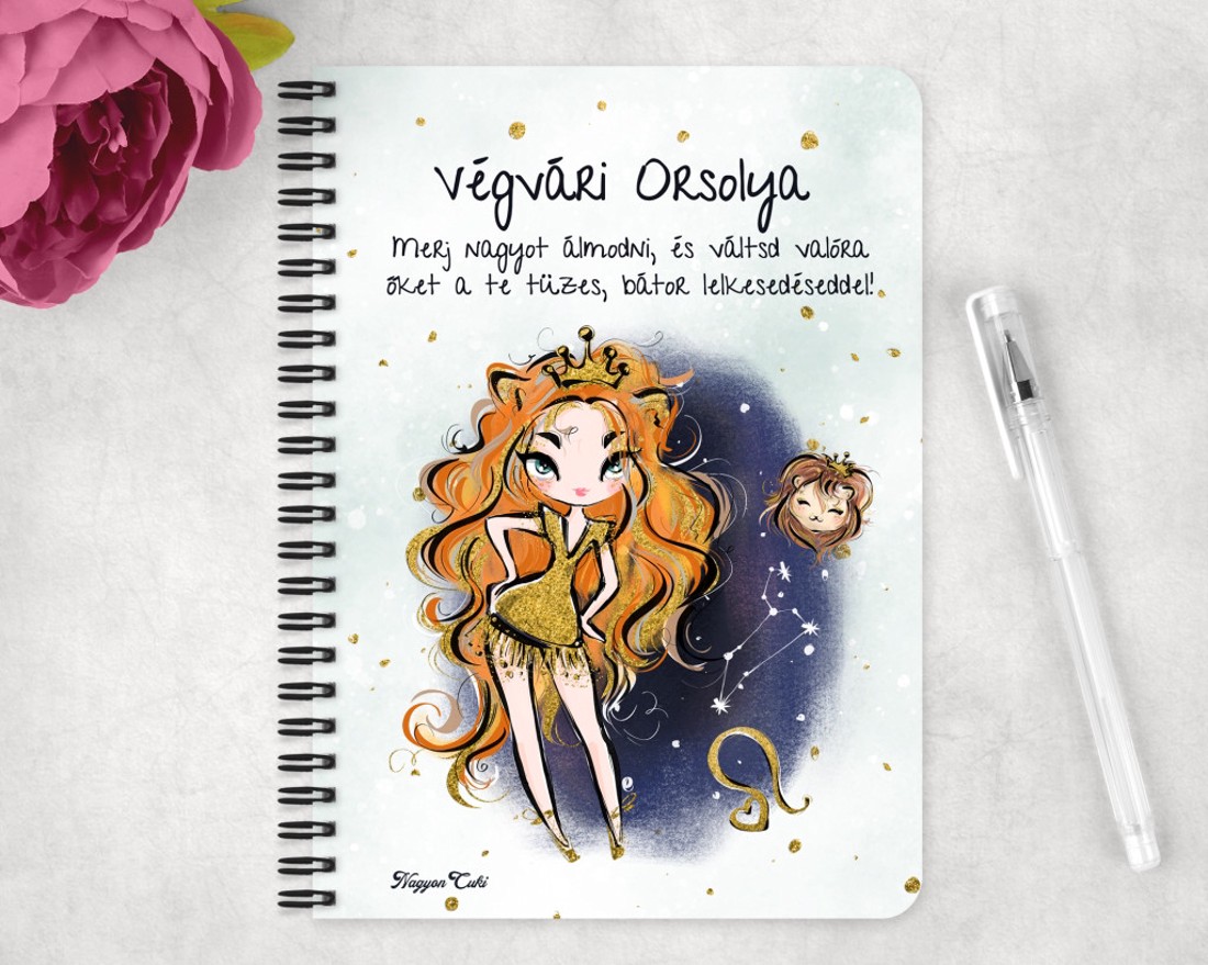 Személyre szabható - Vörös hajú Csini Oroszlán lány mintás A5-ös füzet - otthon & életmód - papír, írószer - jegyzetfüzet & napló - Meska.hu