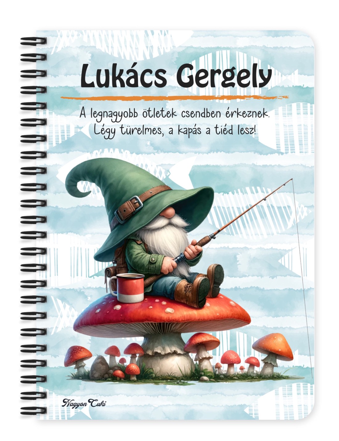 Személyre szabható - Gombás horgász manó mintás A5-ös füzet - otthon & életmód - papír, írószer - jegyzetfüzet & napló - Meska.hu
