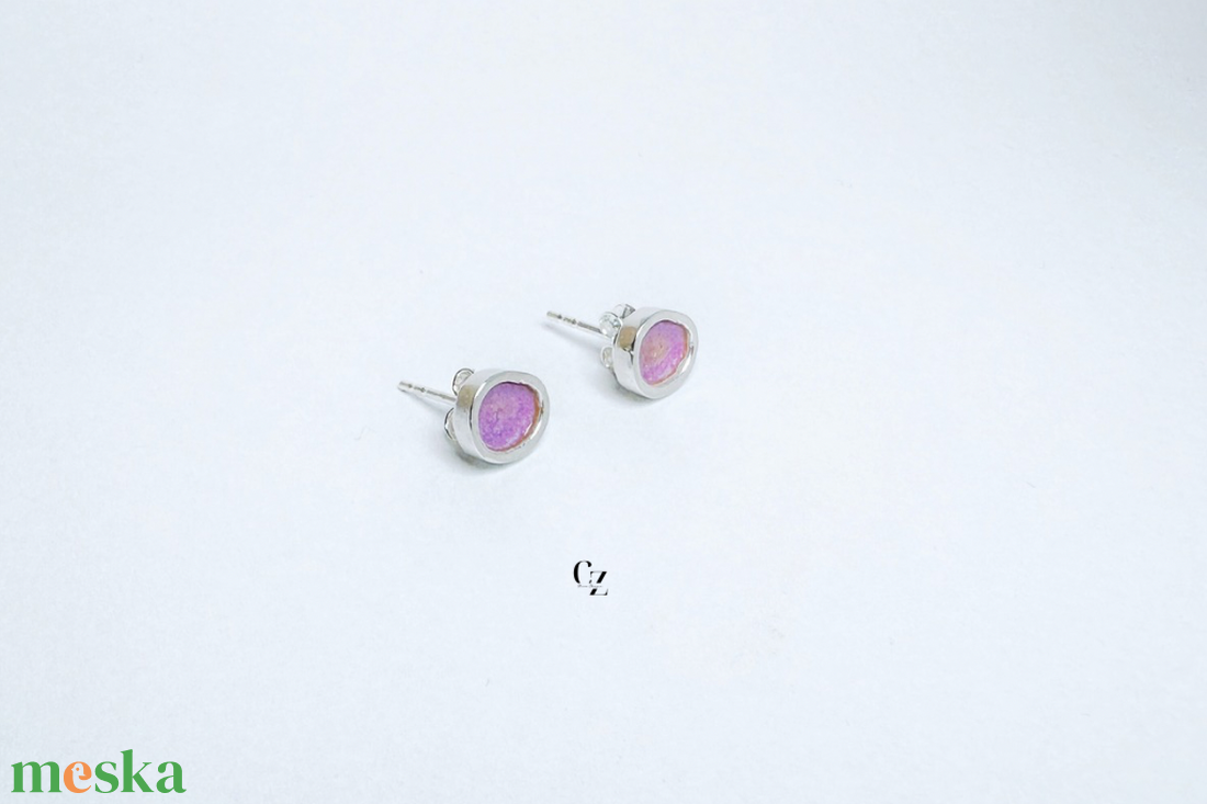 Ezüst, tűzzománc rózsaszín színű fülbevaló - ékszer - fülbevaló - pötty fülbevaló - Meska.hu