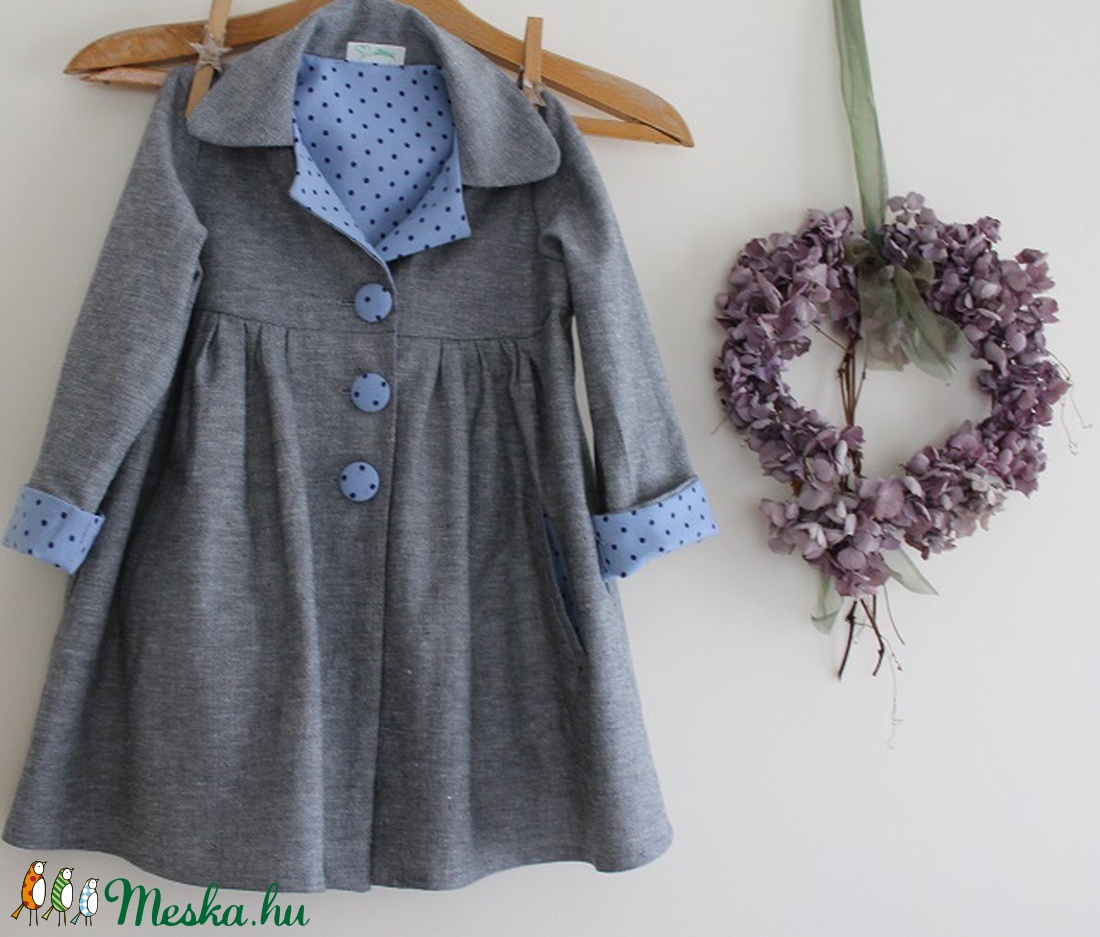 Kabát lányka tavaszi kabát szürke kék pöttyös kabát -  - Meska.hu