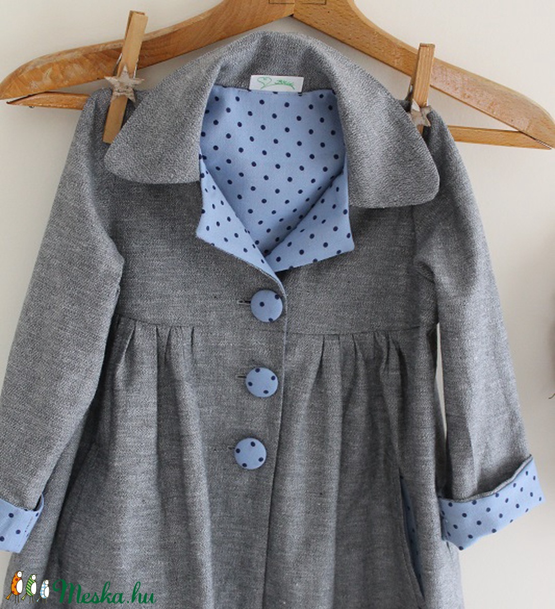 Kabát lányka tavaszi kabát szürke kék pöttyös kabát -  - Meska.hu