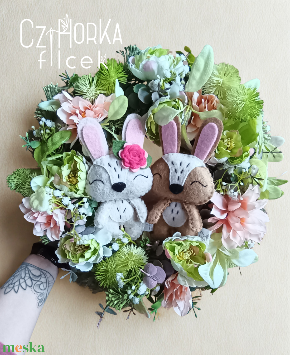 Tavaszi nyuszis ajtódísz - ünnepi díszek, dekorációk - húsvéti díszek és dekorációk - húsvéti ajtódísz, kopogtató - Meska.hu