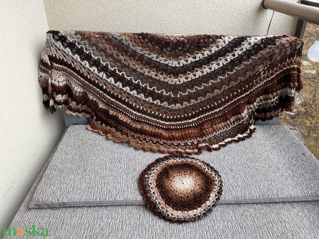 Barna horgolt kendő és barett - ruha & divat - sál, sapka, kendő - sapka & sál szett - Meska.hu