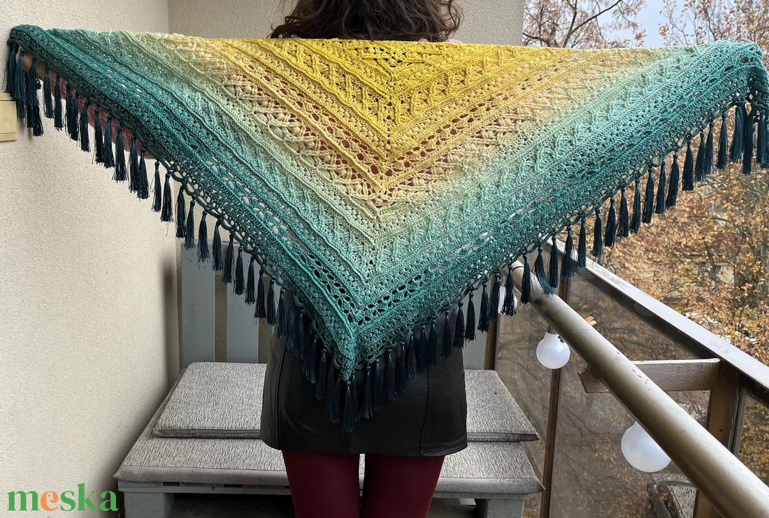 Sárga-türkiz horgolt kendő - ruha & divat - sál, sapka, kendő - vállkendő - Meska.hu