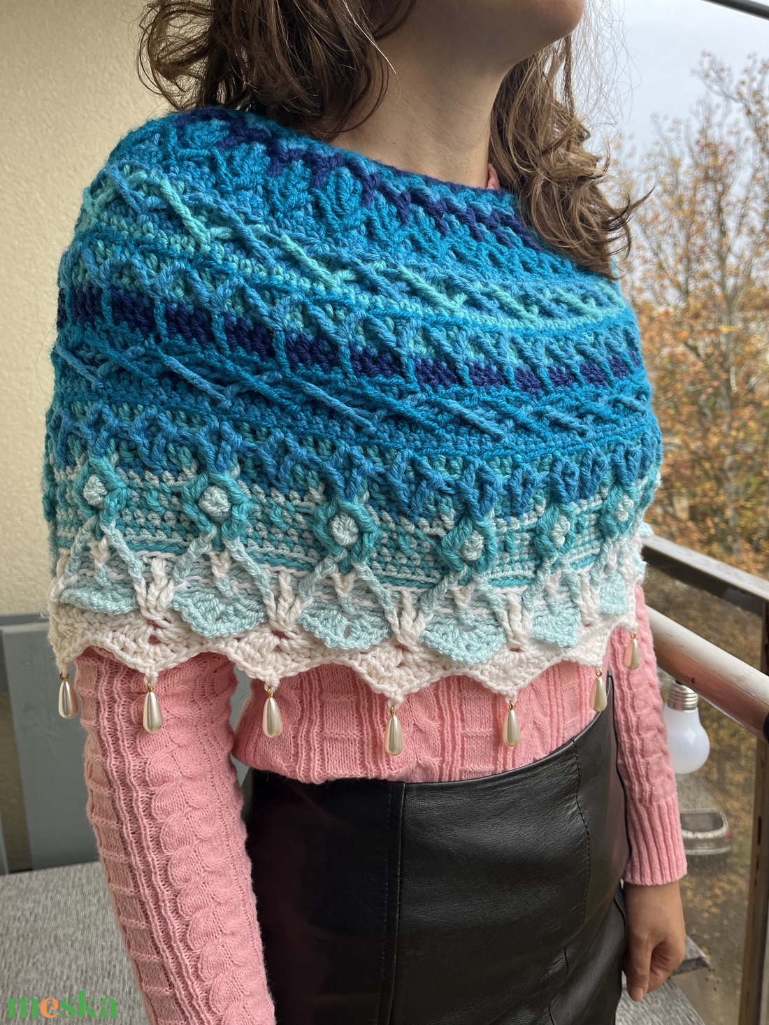 Türkiz pelerin - ruha & divat - női ruha - poncsó - Meska.hu