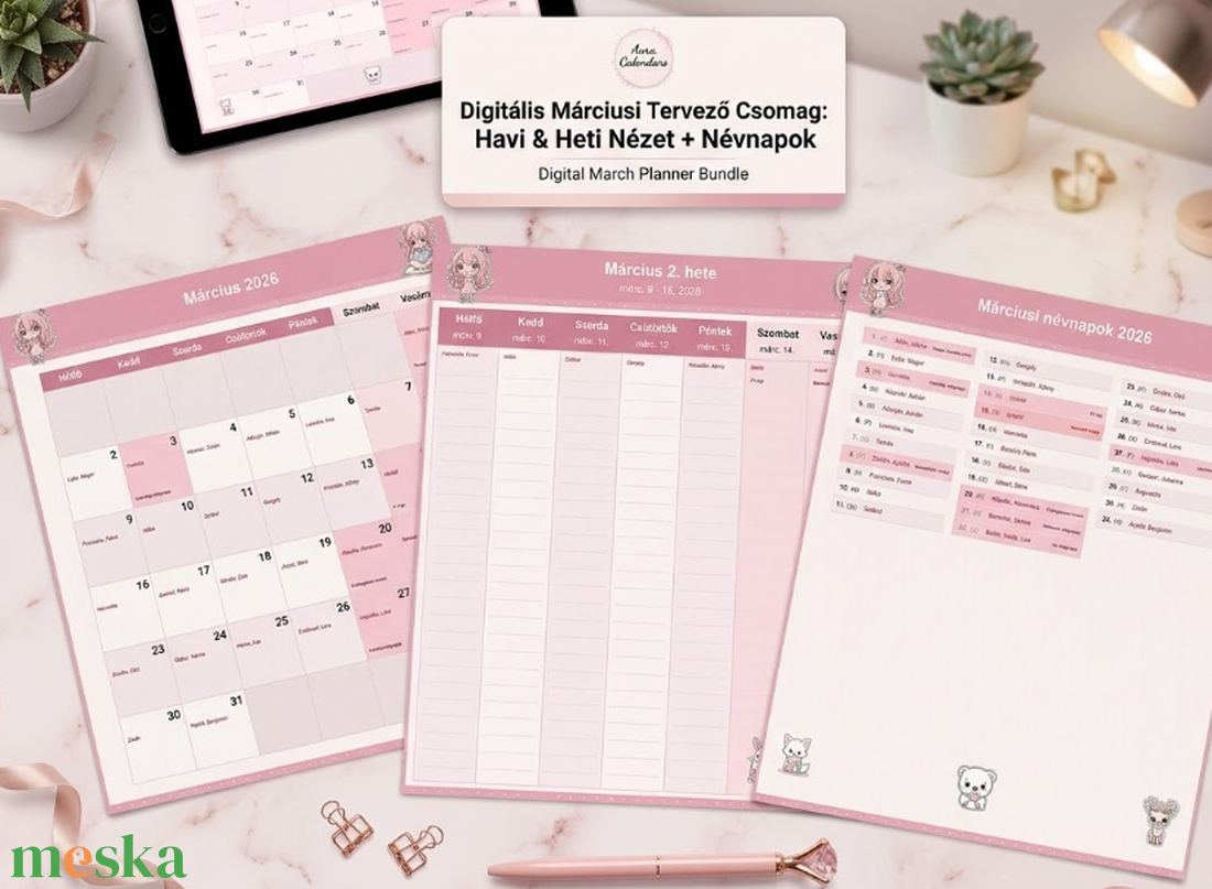  Márciusi Digitális Tervező Naptár 2026 � Púderrózsaszín Elegancia (PDF) - otthon & életmód - papír, írószer - naptár & tervező - Meska.hu