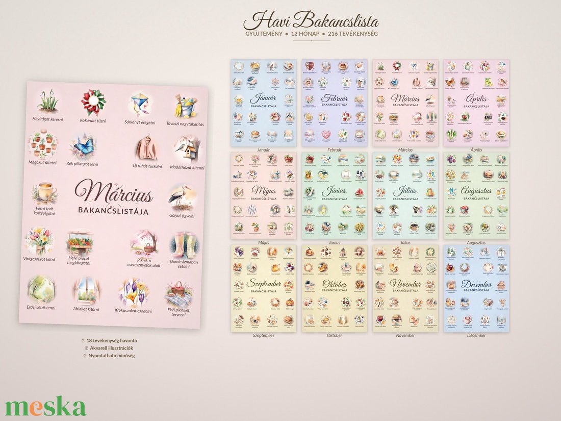 12 Hónapos Bakancslista Gyűjtemény - Nyomtatható A4 PNG - Akvarell Illusztrációk - otthon & életmód - papír, írószer - naptár & tervező - Meska.hu