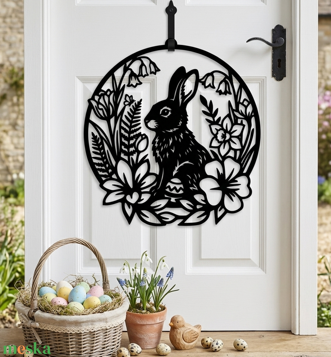 Húsvéti nyuszis virágkoszorú fali és ajtódísz 3D nyomtatott több színben - ünnepi díszek, dekorációk - húsvéti díszek és dekorációk - húsvéti ajtódísz, kopogtató - Meska.hu