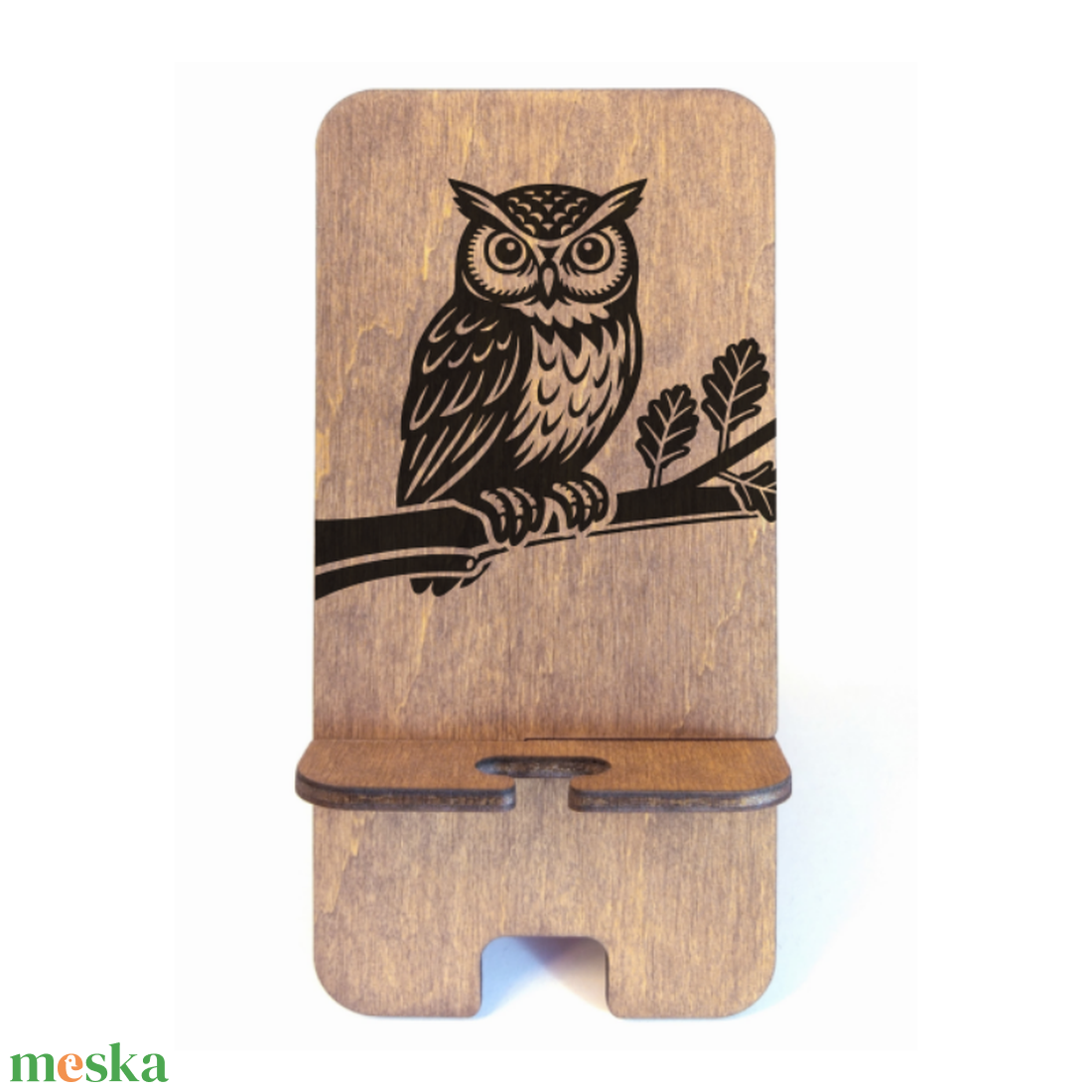 Asztali telefontartó bagoly mintával, rusztikus diószínben - otthon & életmód - tárolás & rendszerezés - íróasztali tároló - Meska.hu
