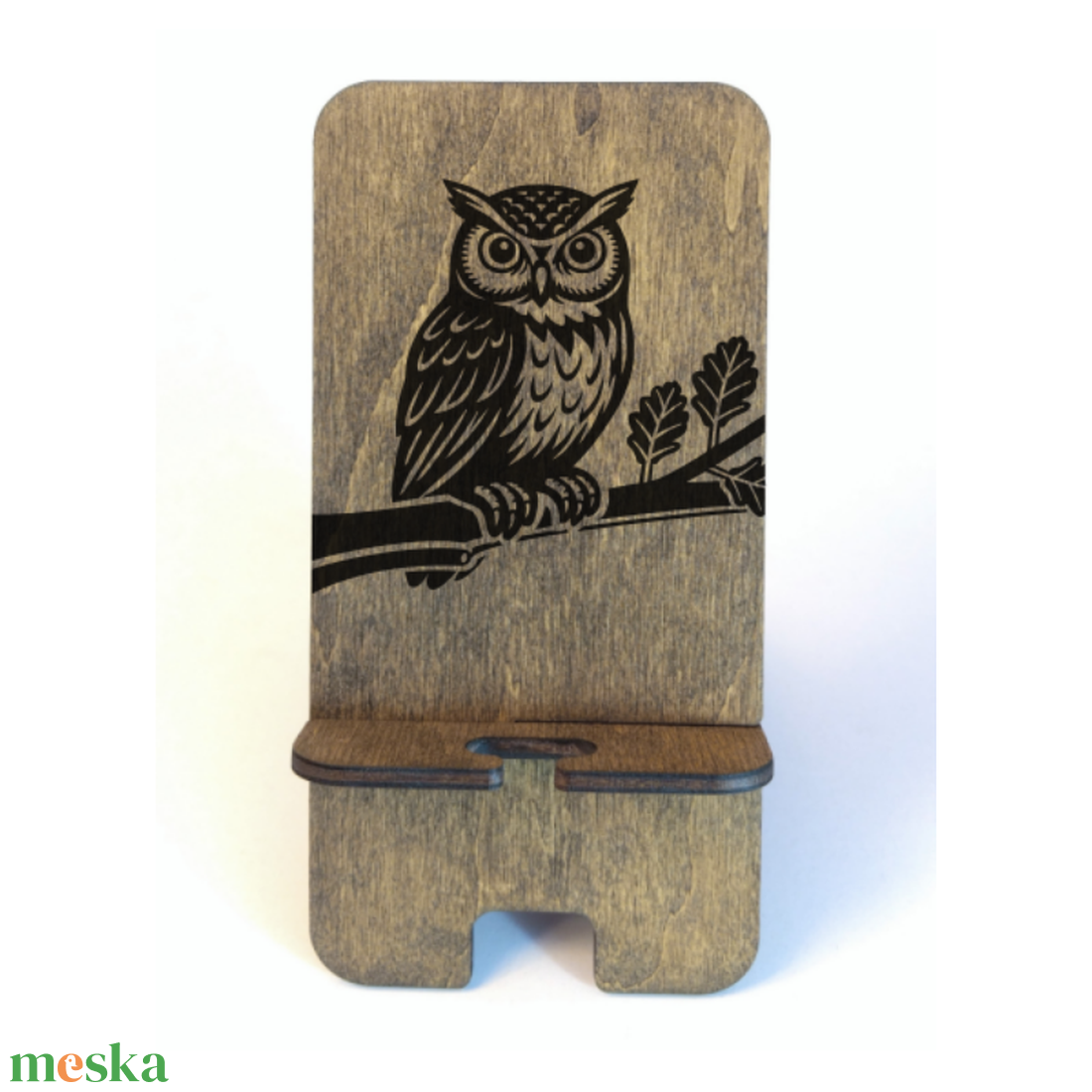 Asztali telefontartó bagoly mintával, paliszander színben - otthon & életmód - tárolás & rendszerezés - íróasztali tároló - Meska.hu