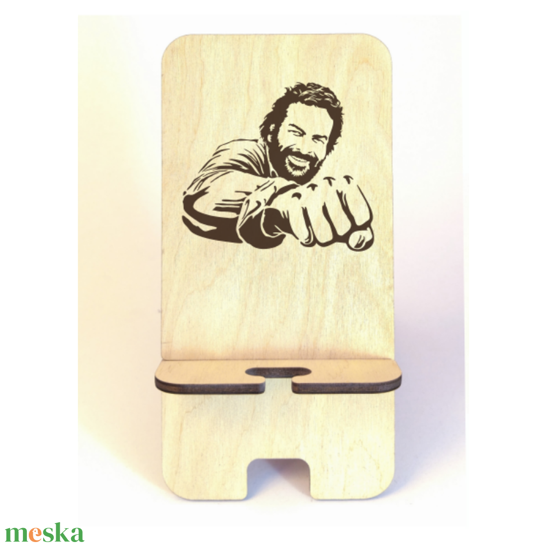 Asztali telefontartó Bud Spencer mintával, natúr nyírfa színben - otthon & életmód - tárolás & rendszerezés - íróasztali tároló - Meska.hu