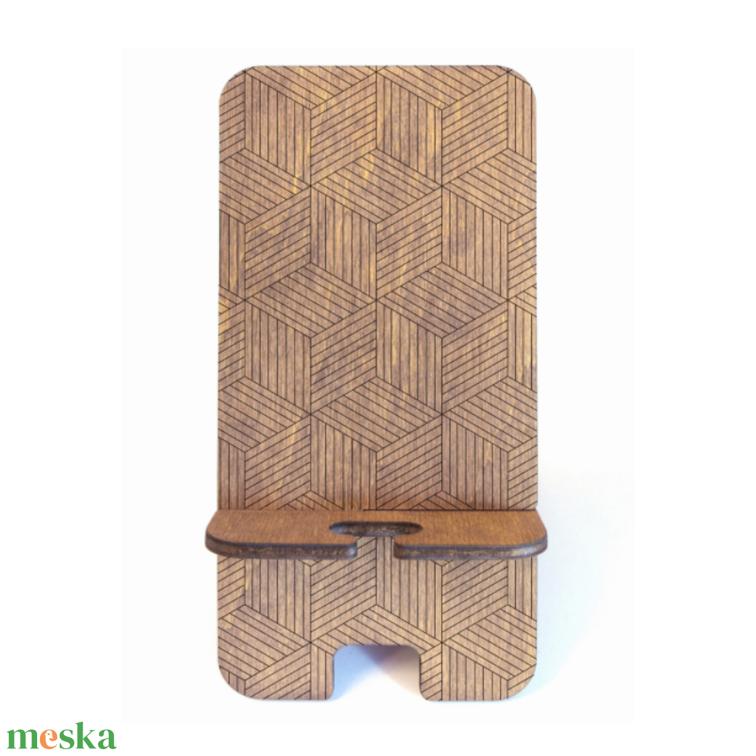 Asztali telefontartó geometriai mintával, rusztikus dió színben - otthon & életmód - tárolás & rendszerezés - asztali telefontartó - Meska.hu