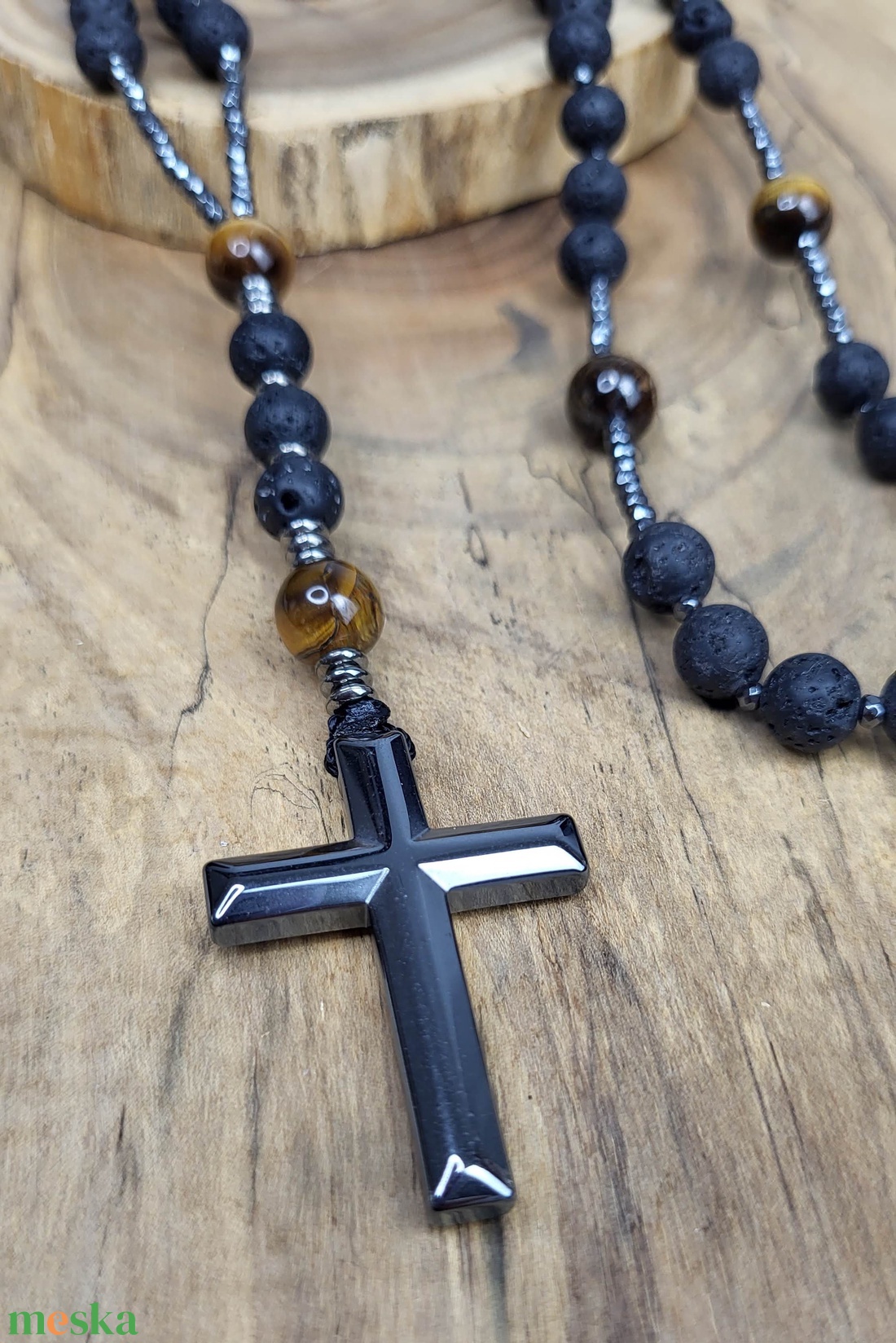 Lávakő- Tigrisszem ,hematit kereszt rózsafüzér , nyaklánc - ékszer - nyaklánc - hosszú nyaklánc - Meska.hu