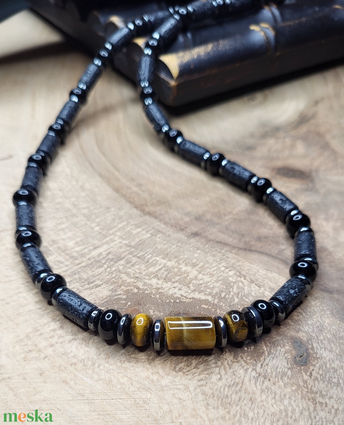 Férfi lávakő-ónix-tigrisszem nyaklánc - ékszer - nyaklánc - gyöngyös nyaklánc - Meska.hu