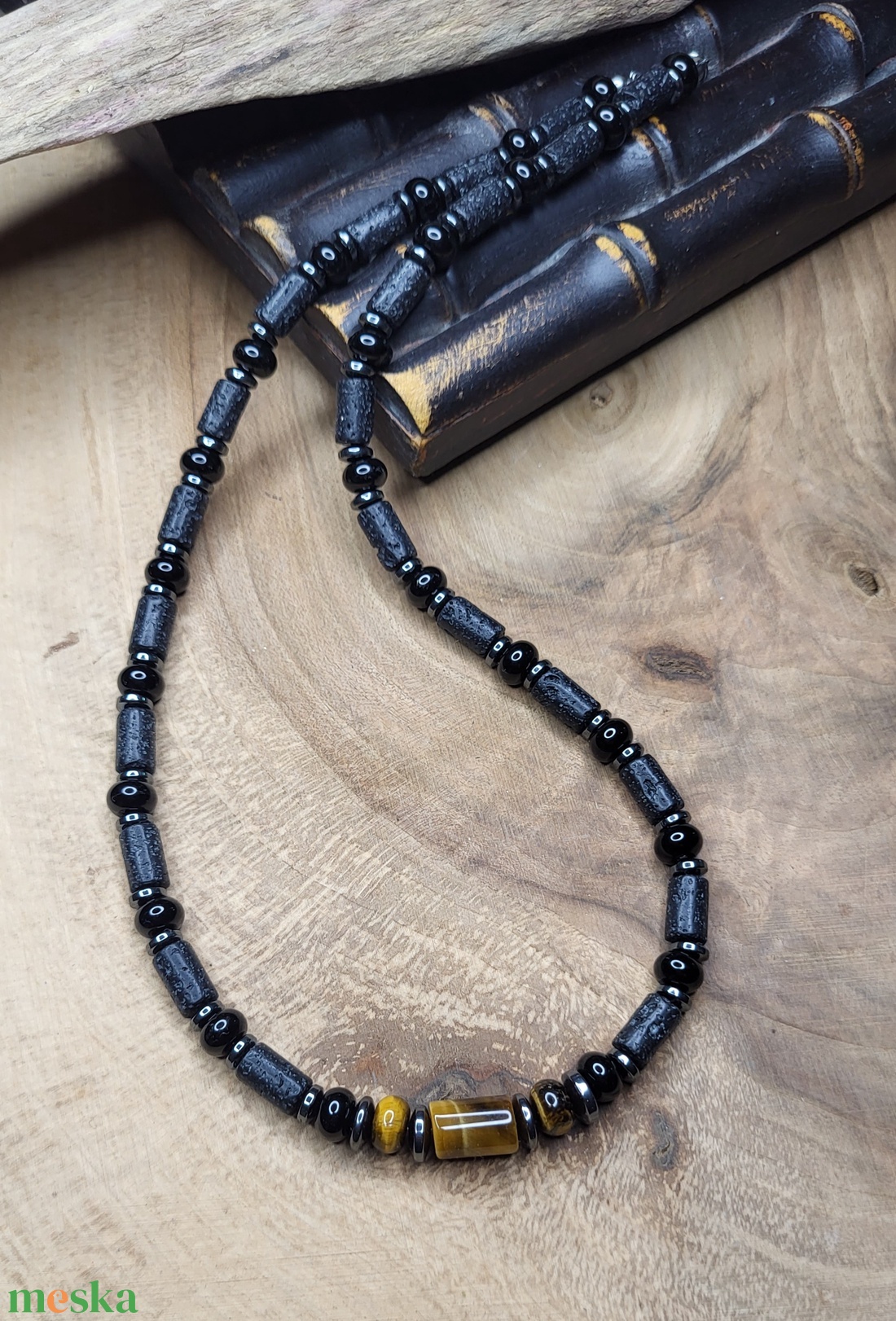 Férfi lávakő-ónix-tigrisszem nyaklánc - ékszer - nyaklánc - gyöngyös nyaklánc - Meska.hu