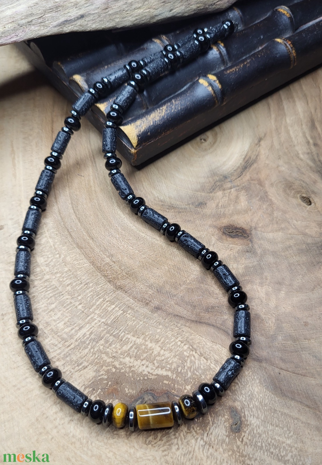 Férfi lávakő-ónix-tigrisszem nyaklánc - ékszer - nyaklánc - gyöngyös nyaklánc - Meska.hu