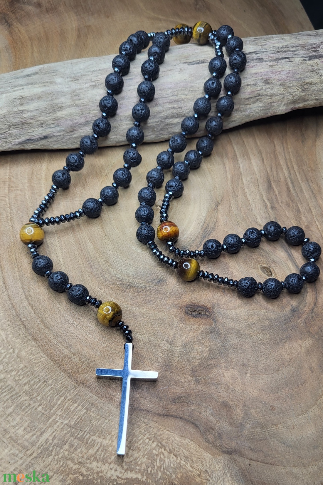 Lávakő-Tigrisszem  nemesacél kereszt -nyaklánc, rózsafüzér - ékszer - nyaklánc - hosszú nyaklánc - Meska.hu