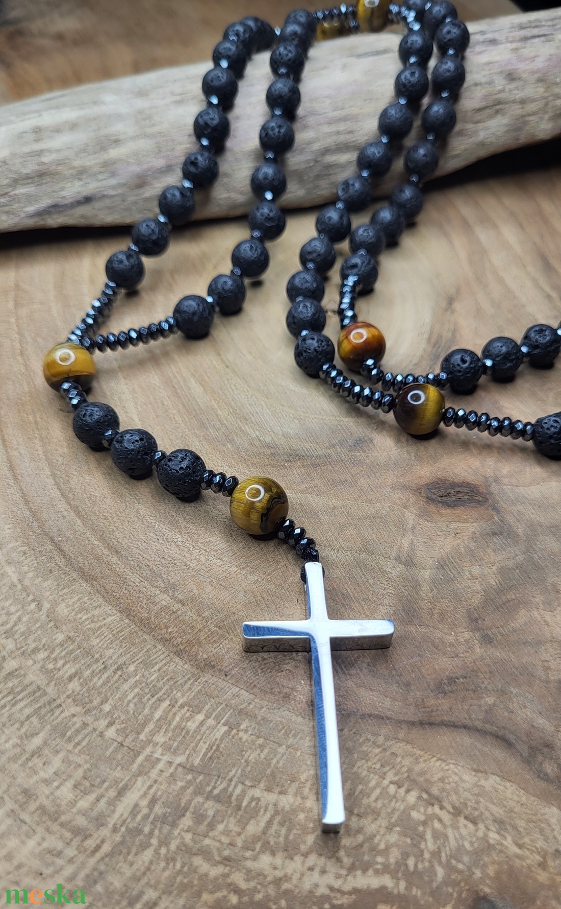 Lávakő-Tigrisszem  nemesacél kereszt -nyaklánc, rózsafüzér - ékszer - nyaklánc - hosszú nyaklánc - Meska.hu