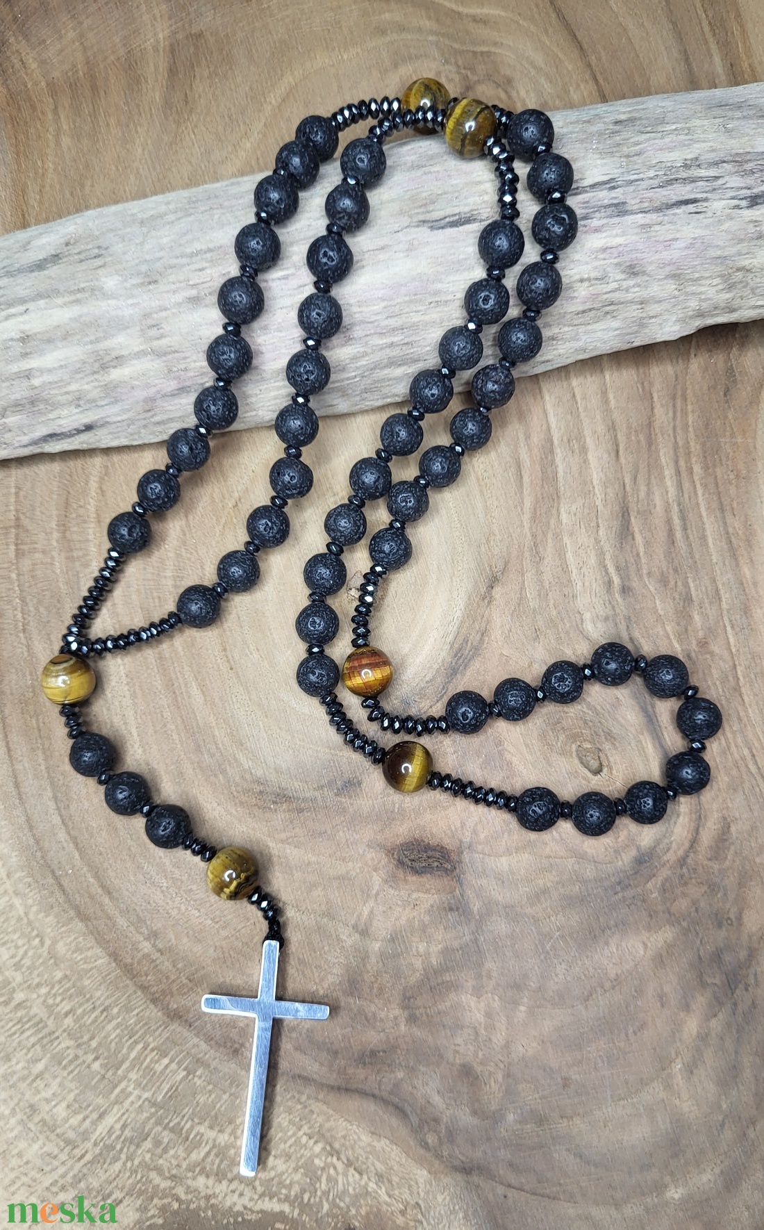 Lávakő-Tigrisszem  nemesacél kereszt -nyaklánc, rózsafüzér - ékszer - nyaklánc - hosszú nyaklánc - Meska.hu
