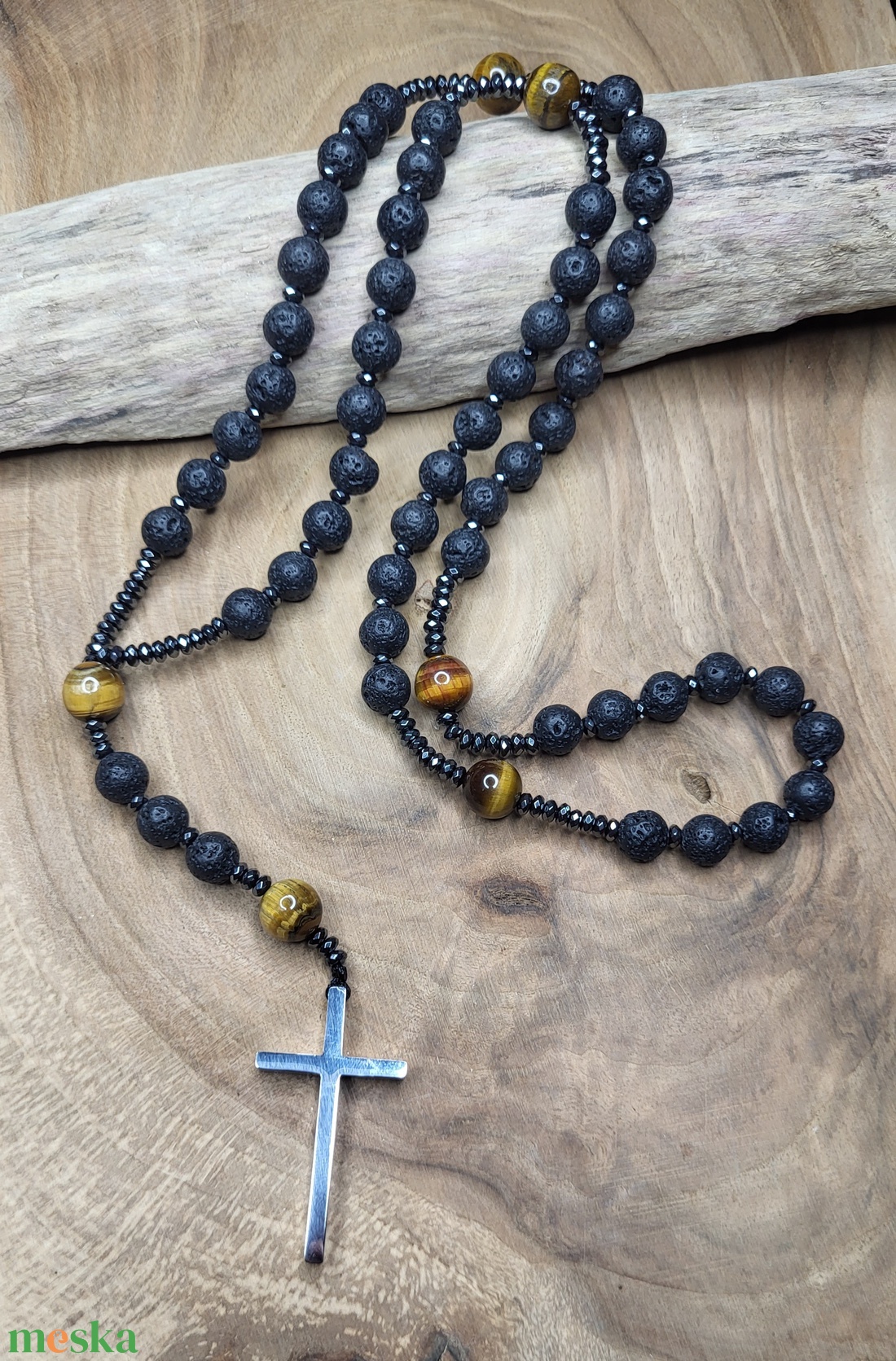 Lávakő-Tigrisszem  nemesacél kereszt -nyaklánc, rózsafüzér - ékszer - nyaklánc - hosszú nyaklánc - Meska.hu