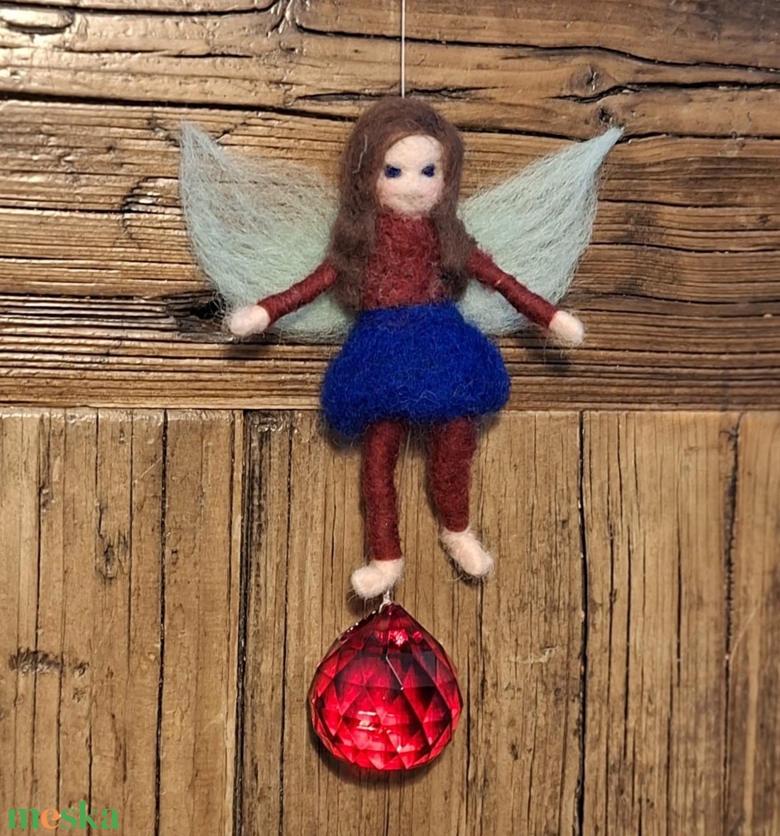 Nemez tündér piros üvegkristály napfogóval - otthon & életmód - dekoráció - fali és függő dekoráció - függődísz - Meska.hu