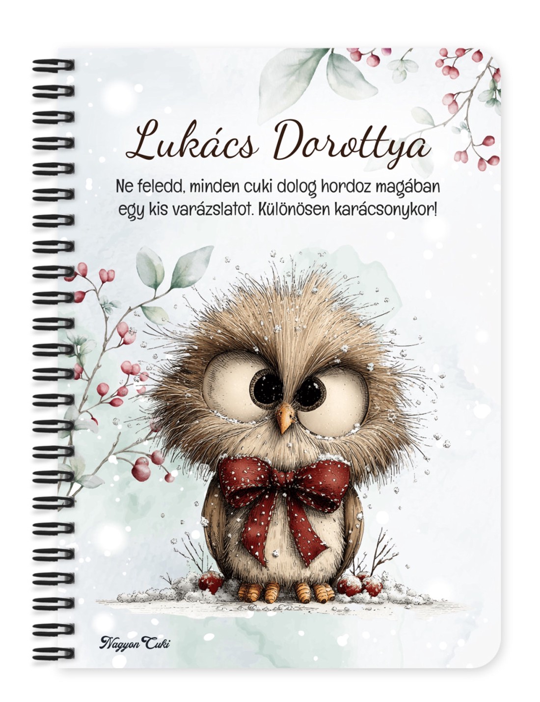 Személyre szabható - Cuki téli bagoly nagy masnival mintás A5-ös füzet - otthon & életmód - papír, írószer - jegyzetfüzet & napló - Meska.hu