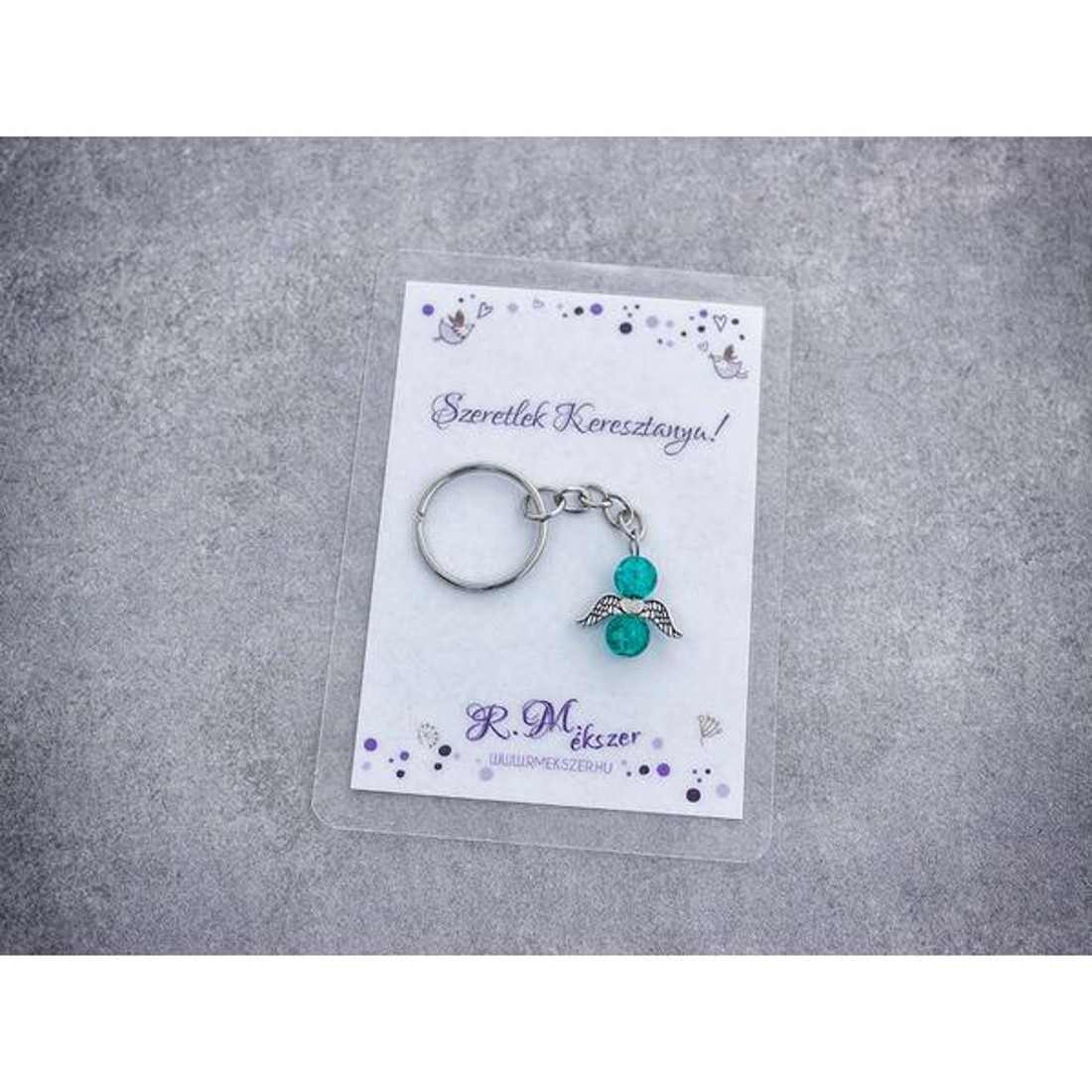 Szeretlek Keresztanya pávakék angyal medálos kulcstartó - táska & tok - kulcstartó & táskadísz - kulcstartó - Meska.hu