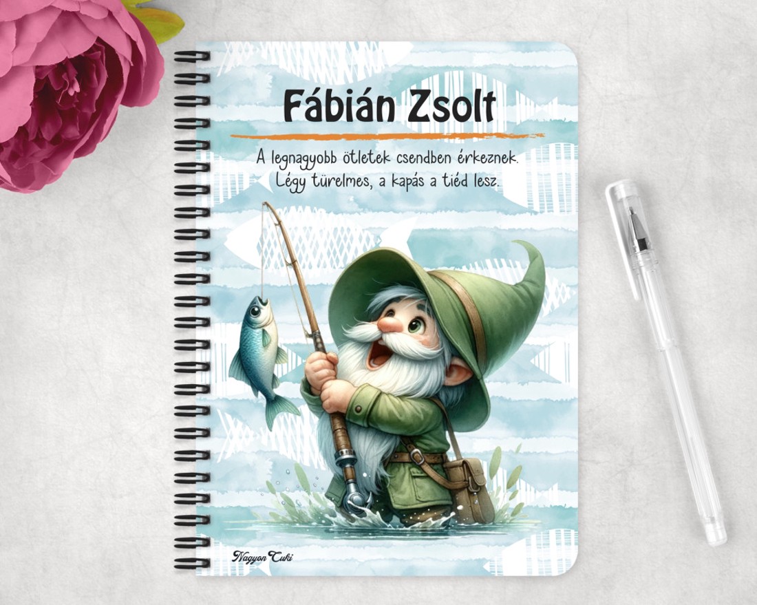 Személyre szabható - Horgász manó és a nagy fogás mintás A6-os füzet - otthon & életmód - papír, írószer - jegyzetfüzet & napló - Meska.hu