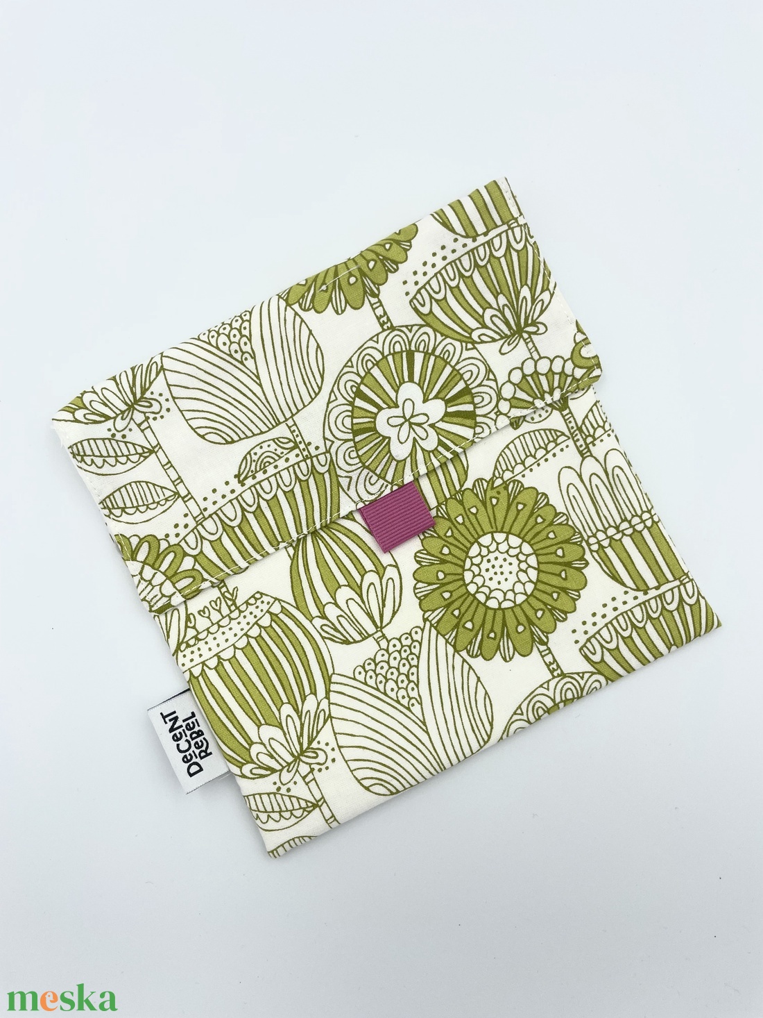 Uzsonnás tasak - fehér-zöld nagy virág mintás/magenta - táska & tok - uzsonna- & ebéd tartó - szendvics csomagoló - Meska.hu