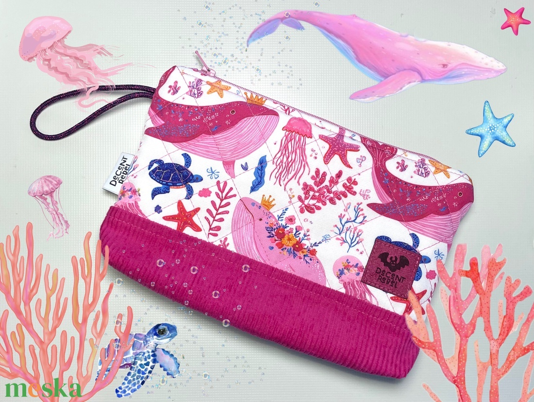 Rózsaszín, steppelt, bálnás pipere táska magenta korddal - táska & tok - neszesszer - Meska.hu