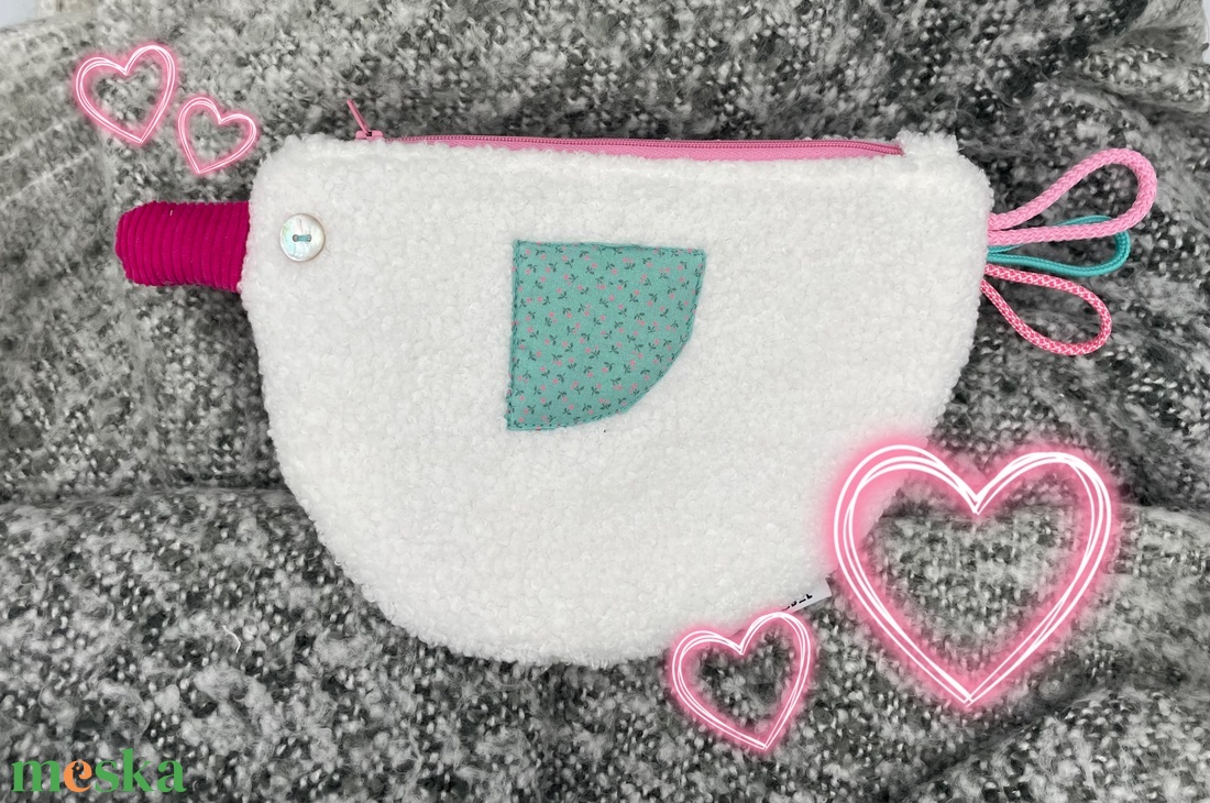 Kacsa haver pipere táska - fehér buklé/türkiz, magenta csőr - táska & tok - neszesszer - Meska.hu