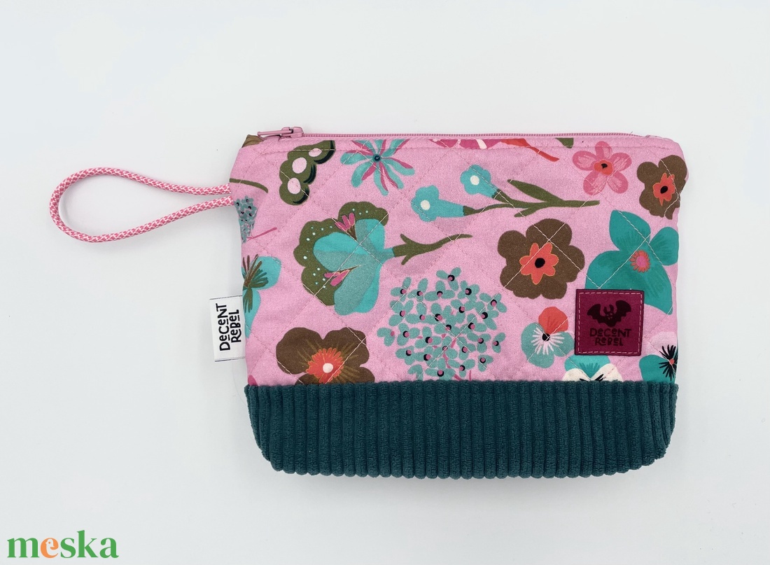 Steppelt, virágos pipere táska - rózsaszín/petrolkék kord/rózsaszín fül - táska & tok - neszesszer - Meska.hu