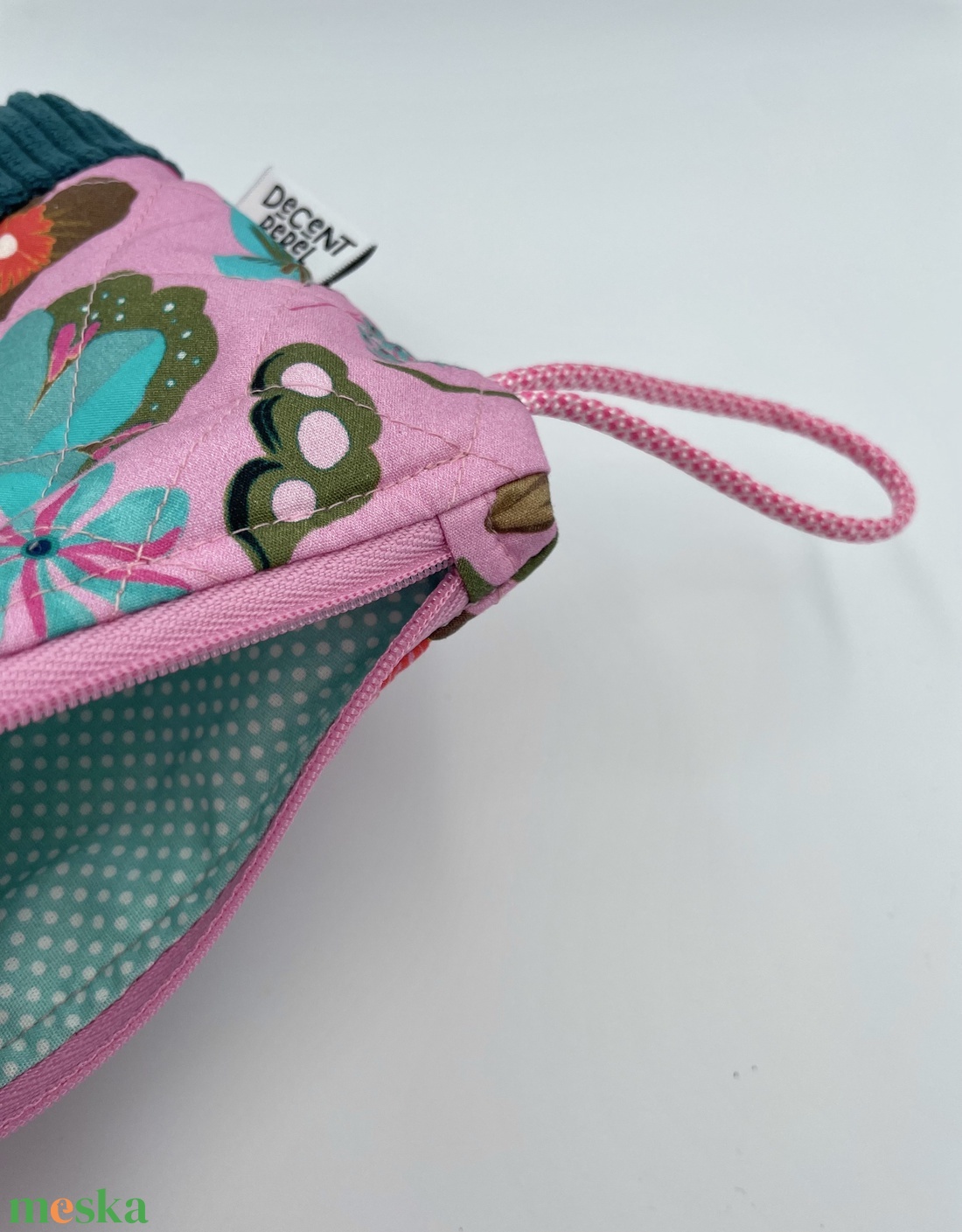 Steppelt, virágos pipere táska - rózsaszín/petrolkék kord/rózsaszín fül - táska & tok - neszesszer - Meska.hu