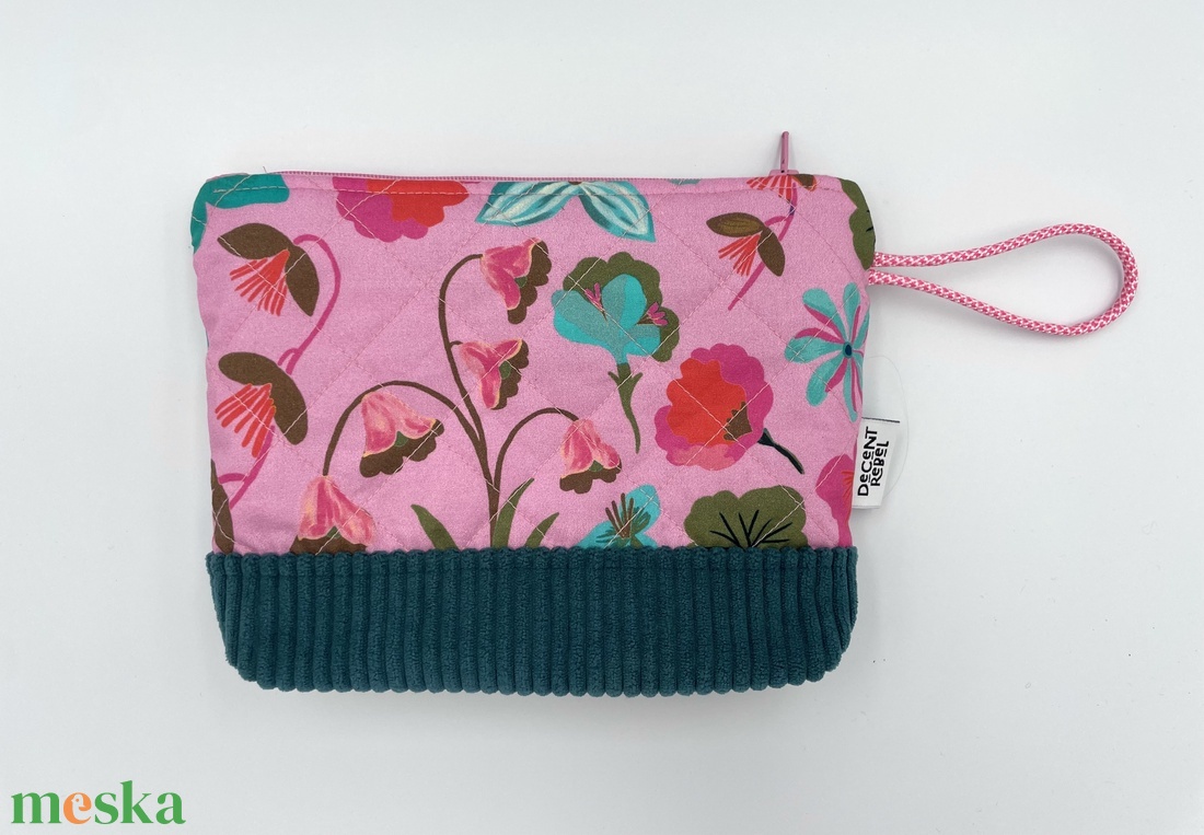 Steppelt, virágos pipere táska - rózsaszín/petrolkék kord/rózsaszín fül - táska & tok - neszesszer - Meska.hu