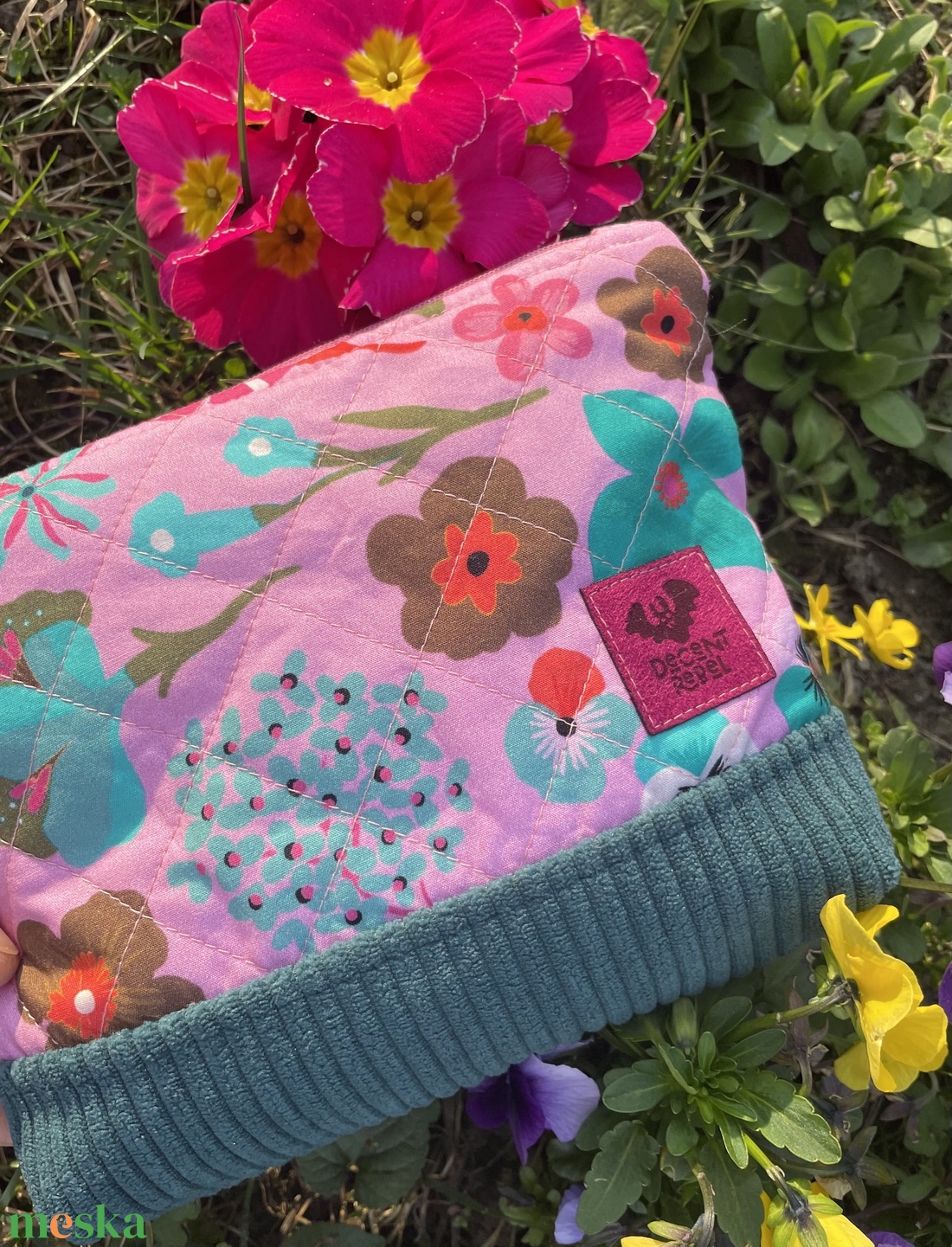 Steppelt, virágos pipere táska - rózsaszín/petrolkék kord/rózsaszín fül - táska & tok - neszesszer - Meska.hu