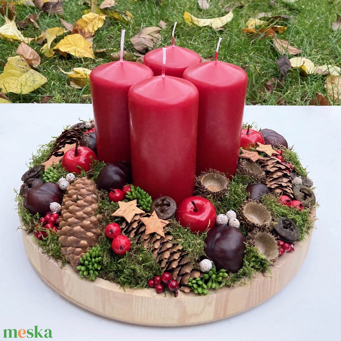 Adventi asztaldísz piros erdei - karácsony - adventi díszek - adventi koszorú - Meska.hu