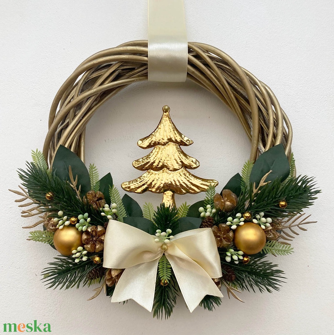Karácsonyi ajtódísz arany karácsonyfás - karácsony - adventi díszek - adventi ajtódísz - Meska.hu