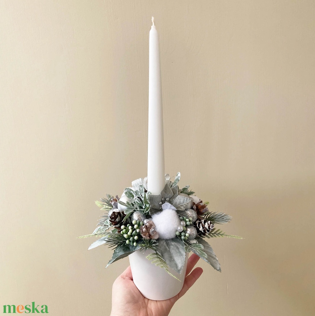 Gyertyás karácsonyi asztaldísz ezüst hamvas - karácsony - karácsonyi lakásdekoráció - karácsonyi lakásdíszek - Meska.hu