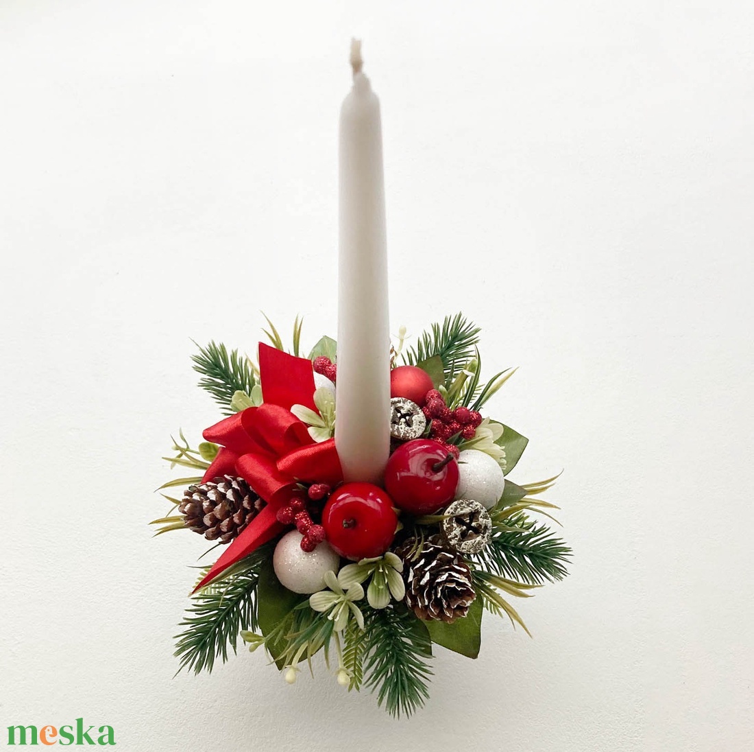 Gyertyás karácsonyi asztaldísz piros masnival - karácsony - karácsonyi lakásdekoráció - karácsonyi lakásdíszek - Meska.hu