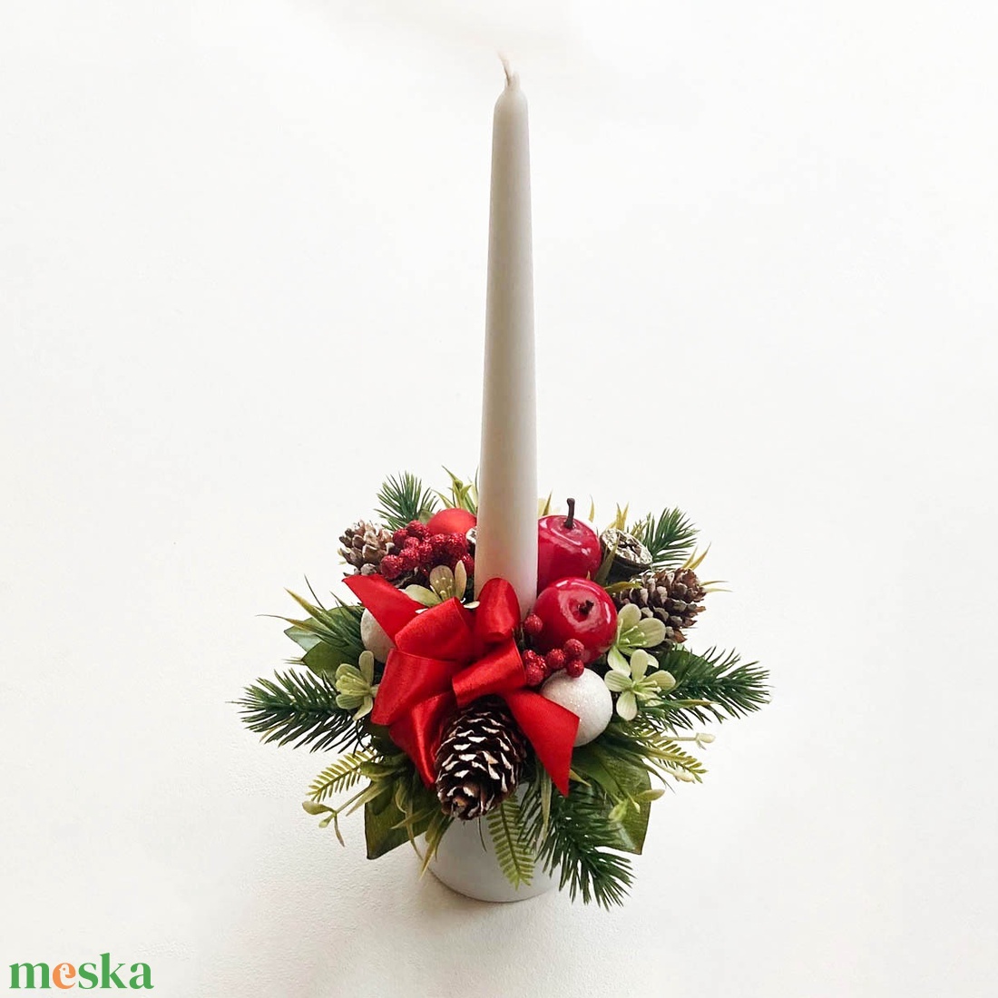 Gyertyás karácsonyi asztaldísz piros masnival - karácsony - karácsonyi lakásdekoráció - karácsonyi lakásdíszek - Meska.hu