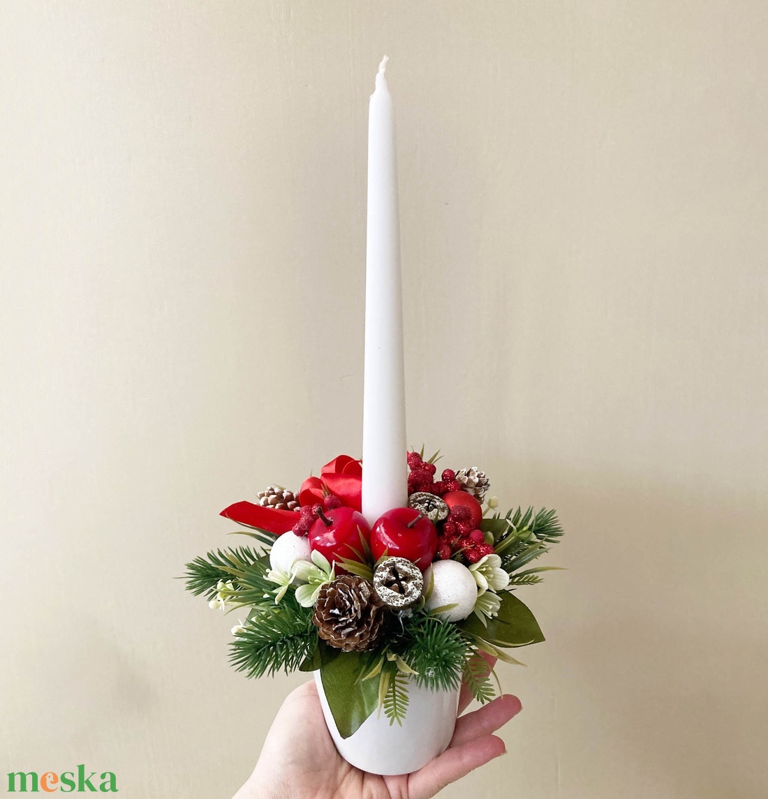 Gyertyás karácsonyi asztaldísz piros masnival - karácsony - karácsonyi lakásdekoráció - karácsonyi lakásdíszek - Meska.hu