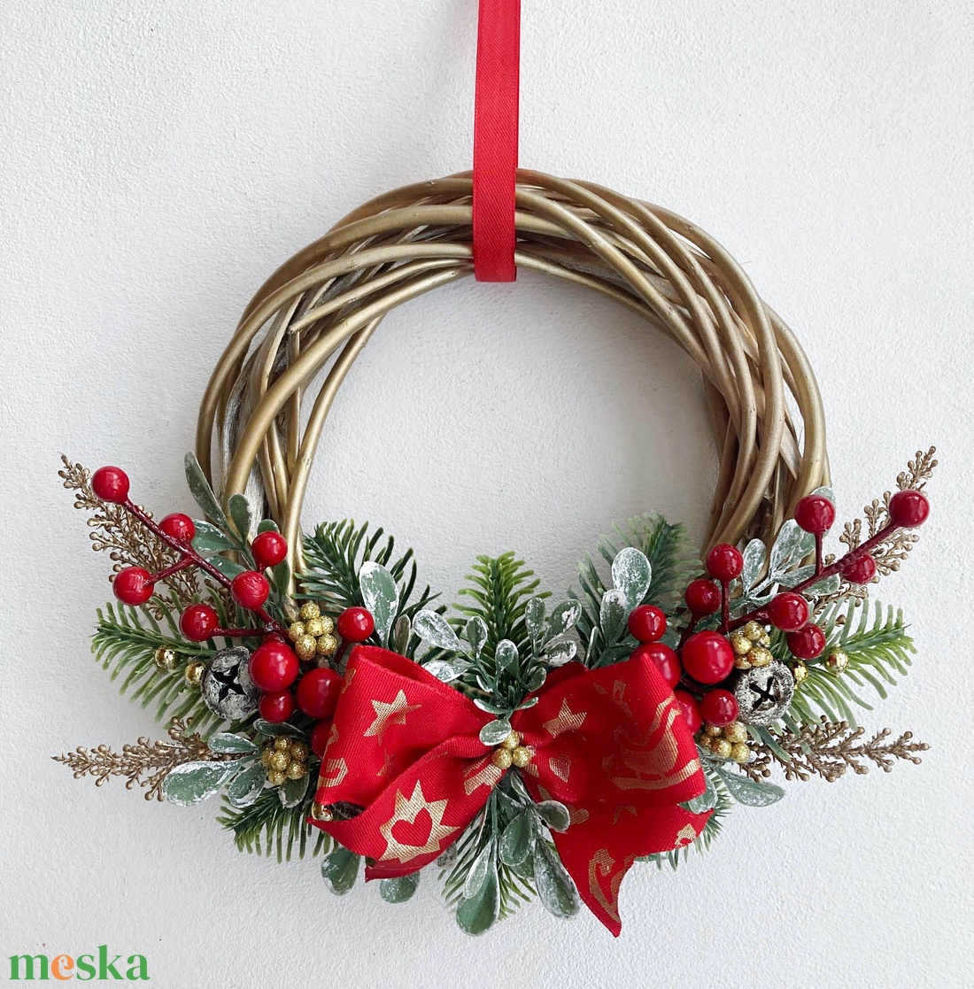 Karácsonyi ajtódísz piros arany - karácsony - karácsonyi lakásdekoráció - karácsonyi ajtódíszek - Meska.hu