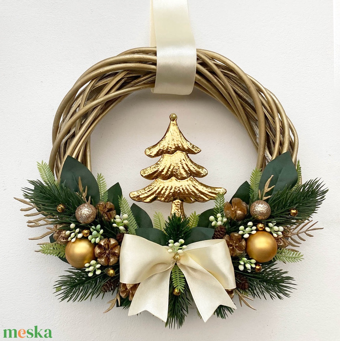 Karácsonyi ajtódísz arany karácsonyfás - karácsony - adventi díszek - adventi ajtódísz - Meska.hu