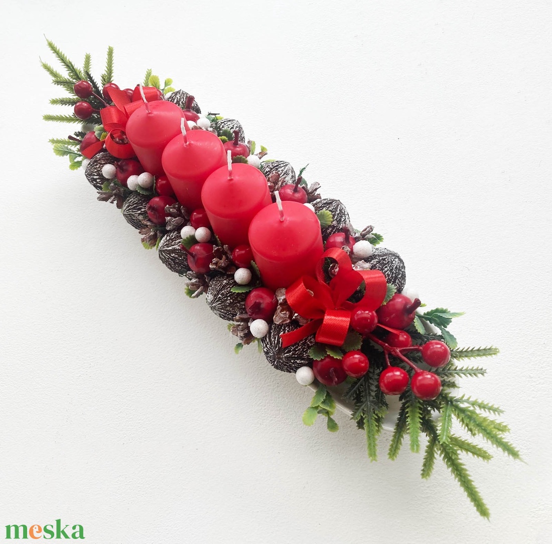 Adventi asztaldísz piros bogyós - karácsony - adventi díszek - adventi koszorú - Meska.hu