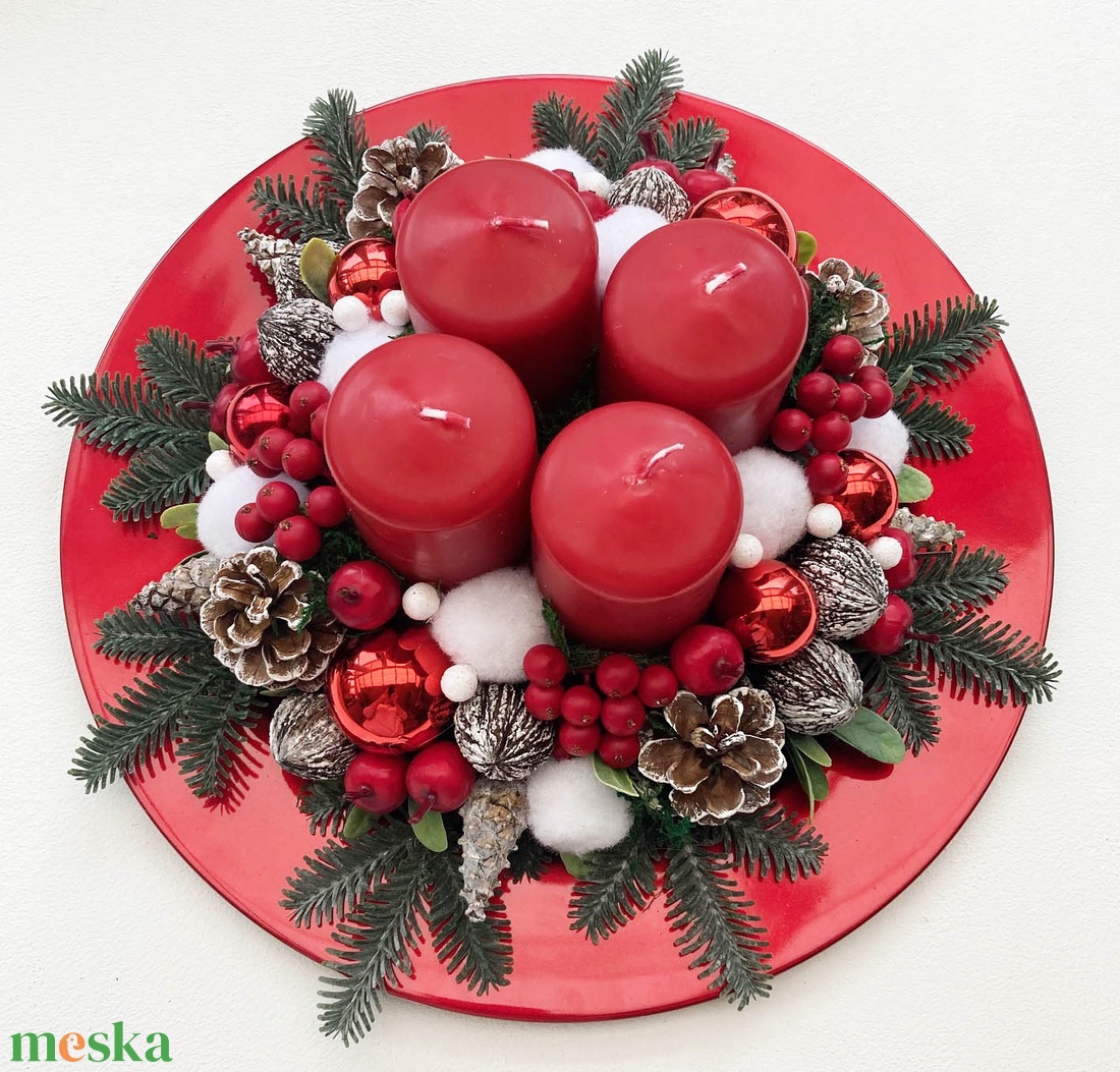 Adventi asztaldísz piros tálban - karácsony - karácsonyi lakásdekoráció - ünnepi asztaldekoráció - Meska.hu