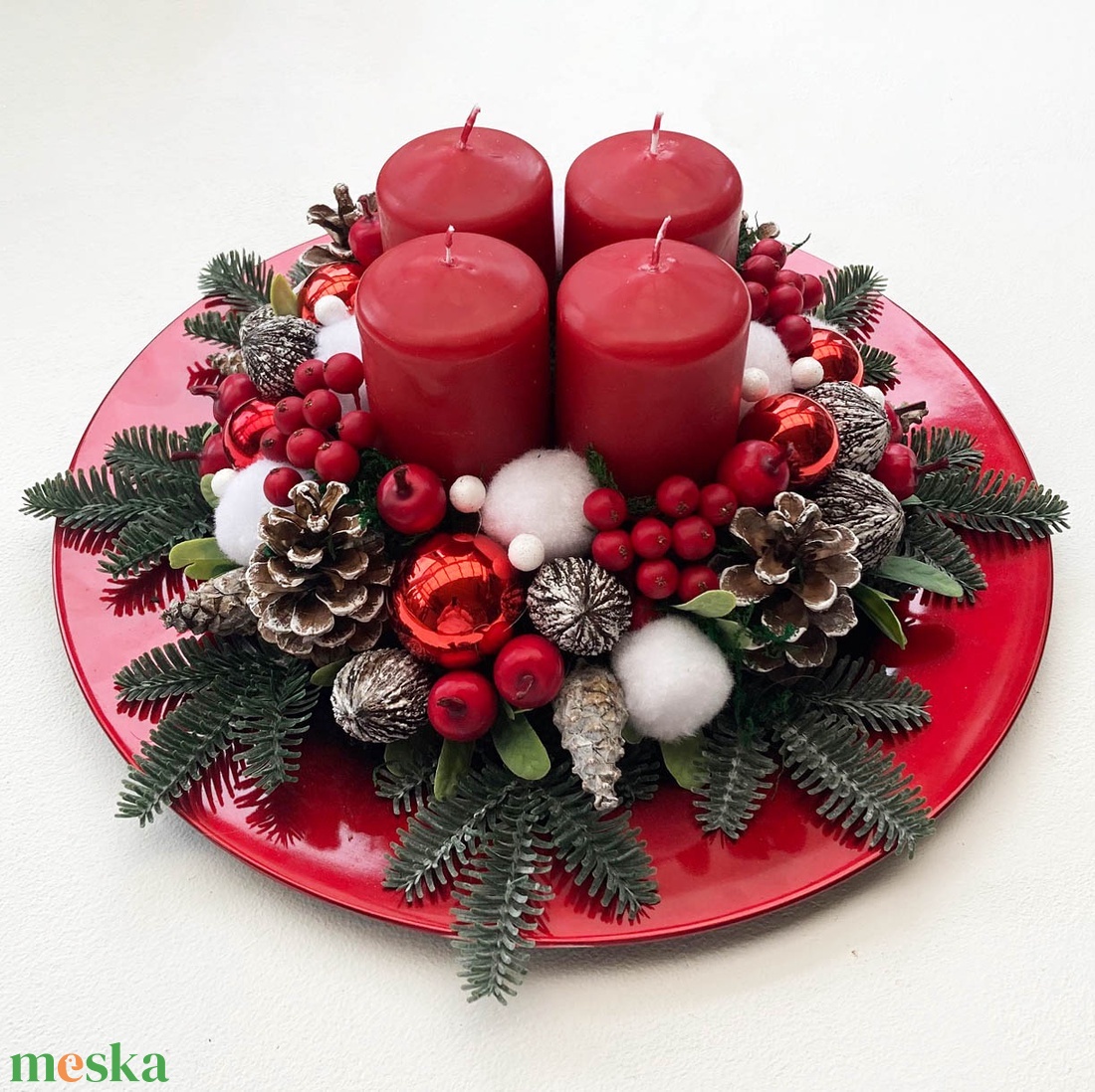 Adventi asztaldísz piros tálban - karácsony - karácsonyi lakásdekoráció - ünnepi asztaldekoráció - Meska.hu