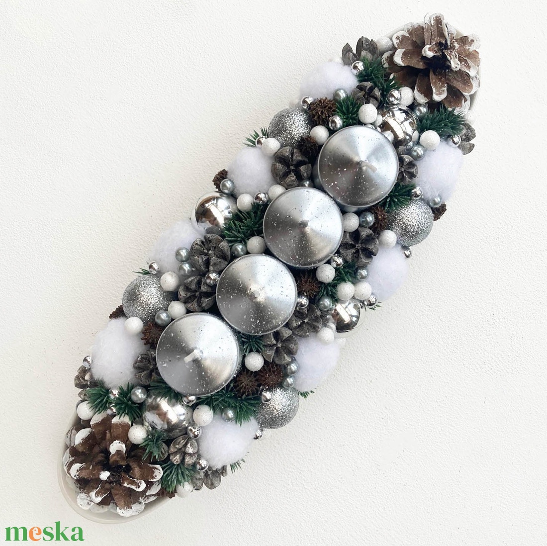 Adventi asztaldísz ezüst fehér - karácsony - adventi díszek - adventi koszorú - Meska.hu