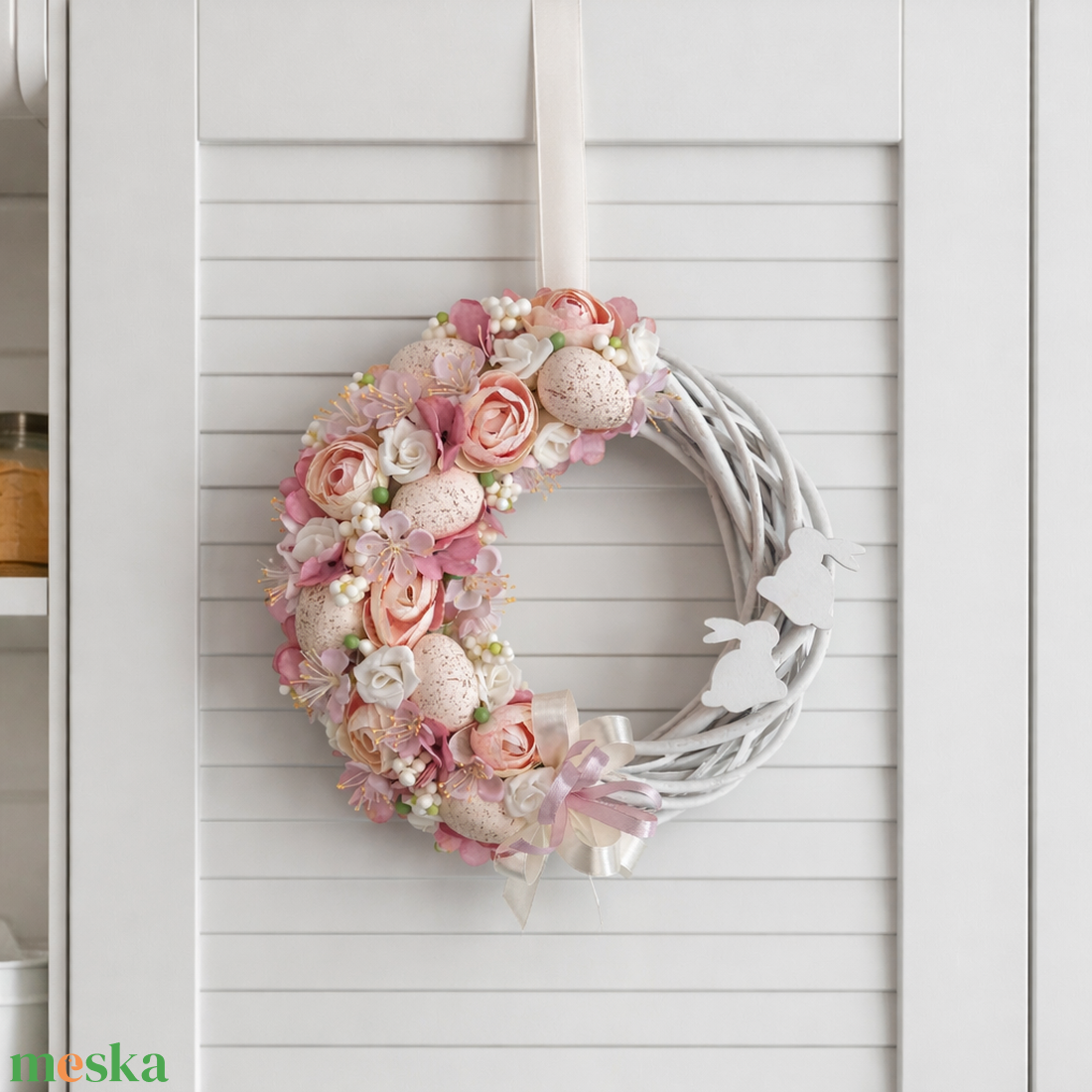 Húsvéti ajtódísz púder rózsaszín - ünnepi díszek, dekorációk - húsvéti díszek és dekorációk - húsvéti ajtódísz, kopogtató - Meska.hu